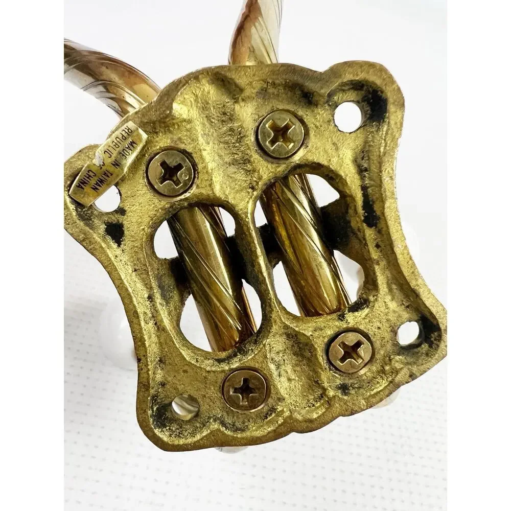 Vintage Wall Mounted 4-Hook Coat Rack Brass With White Knobs Patina Age